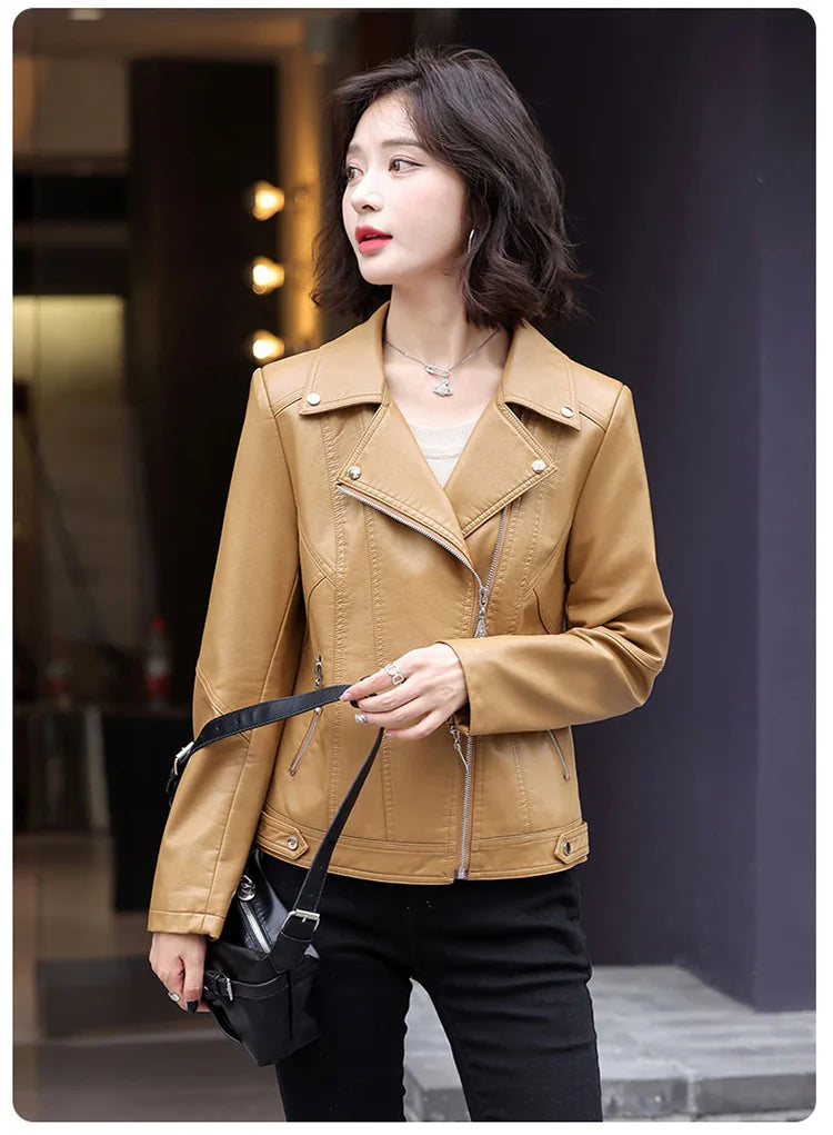 New Women Spring Autumn Leather Jacket Fashion Suit Collar Long Sleeve Motorcycle Jacket Casual Short Biker Coat Split Leather