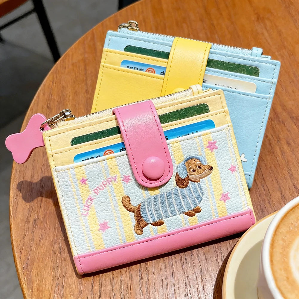 Women Cute Cartoon Embroidery Sausage Dog Wallet Zipper Coin Purse Double Fold Card Holder Wallet Ultra Thin Leather Money Clip