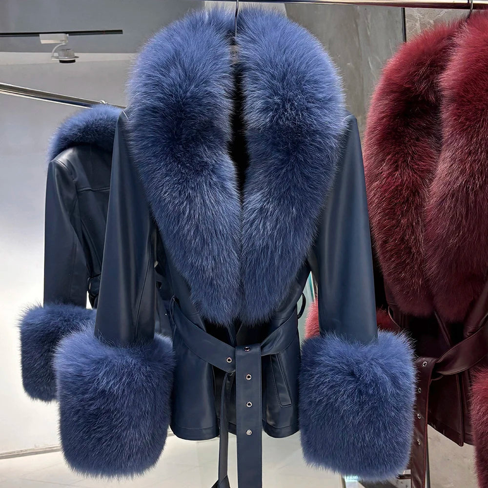 YOLOAgain Women's Real Fox Fur Collar Sheepskin Leather Jacket Coat Autumn 2025