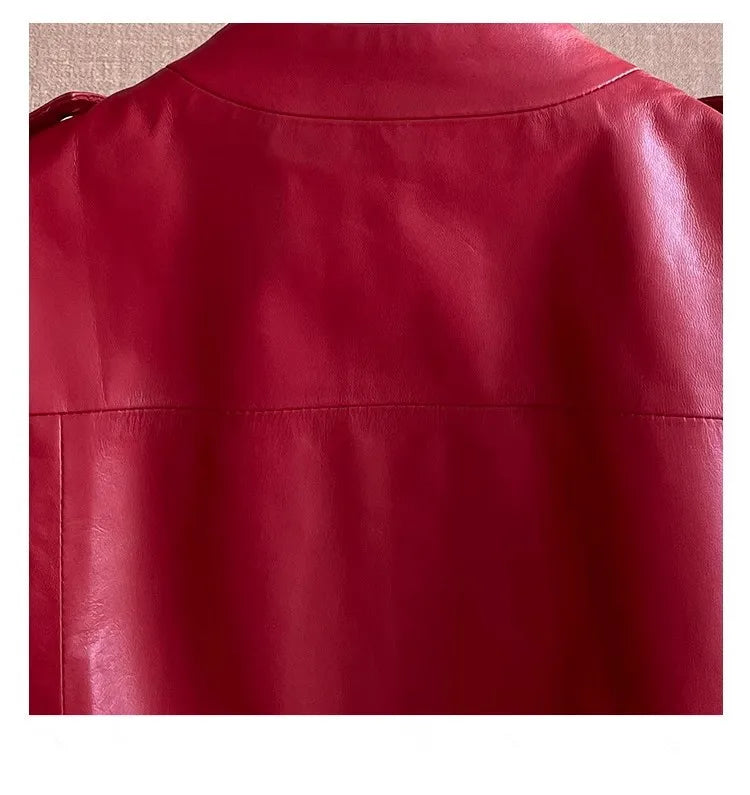 Women's Slim Waist Red Genuine Leather Vest Sleeveless Casual Jacket Short Style Versatile for Spring Autumn