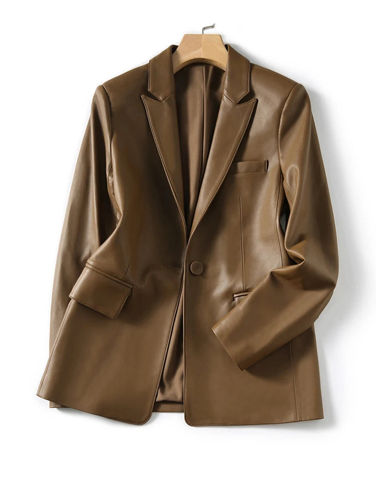 Natural Sheepskin Coat Blazer Mujer Single Button Suit Collar Chic and Elegant Woman Jacket Slim Camel Real Leather Topscoat