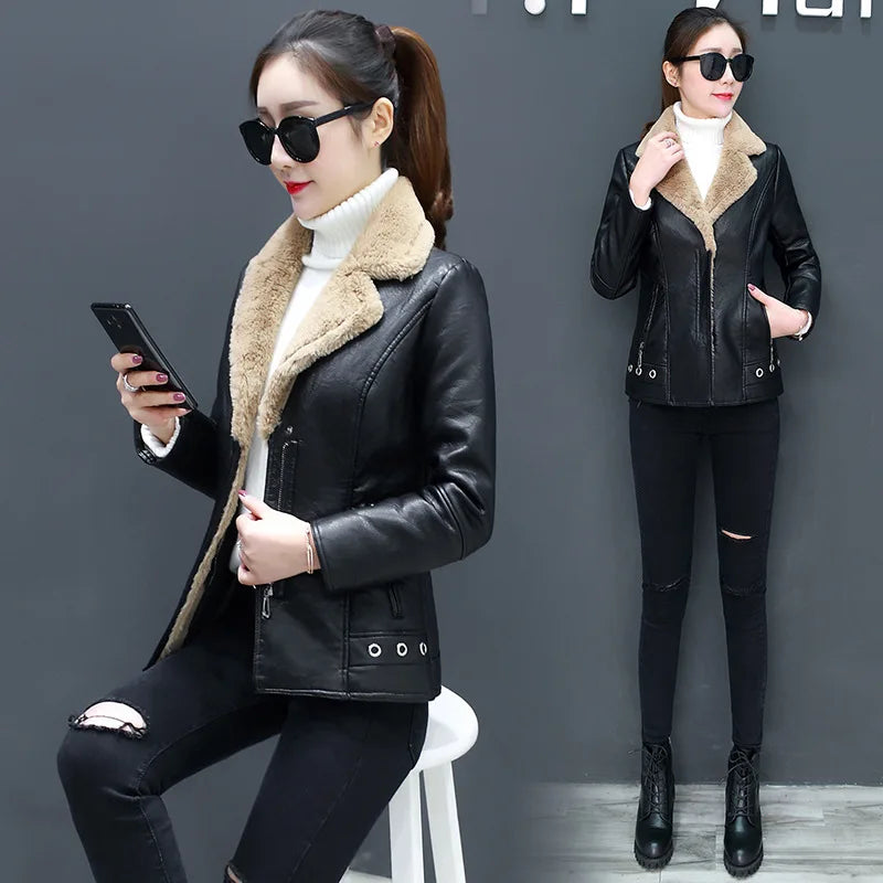Women's Biker Style Thickened Short Leather Jacket Autumn Winter Street Fashion PU Material Versatile Outerwear Coat