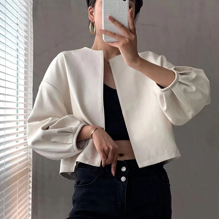 Autumn Puff Sleeve Genuine Leather Jacket Women 100% Sheepskin Collarless Cardigan Casacas Loose Small Short Blouson Cuir Femme