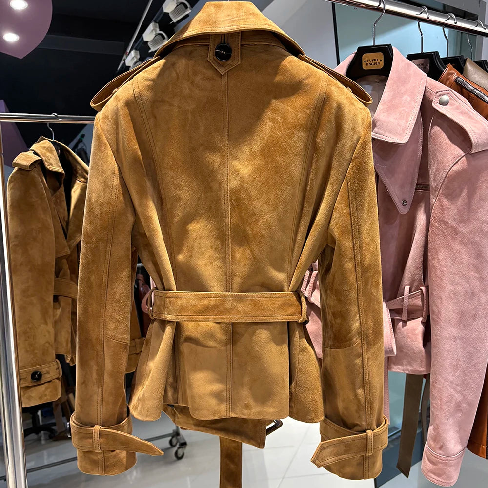 YOLOAgain High Quality Suede Leather Jacket Women With Belt Double Breasted Croc Pattern Jacket Female