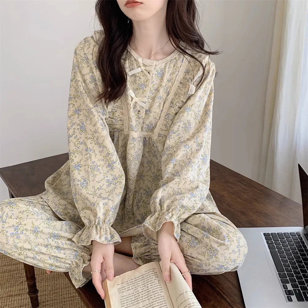 Women Plus Size Pajamas Garden Style Student Homewear Two-Piece Korean Version of the Bow Can Be Worn Outside Long-Sleeved Women