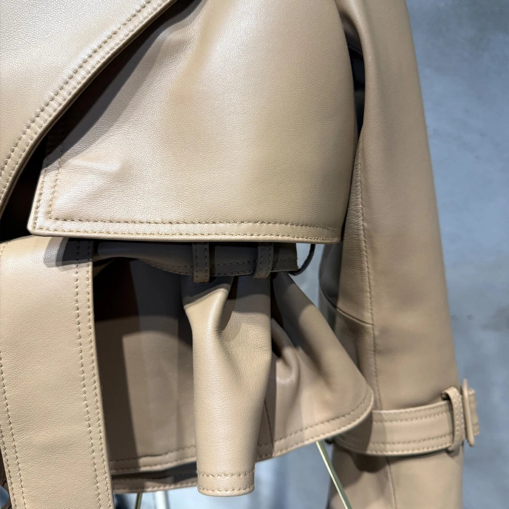 Croc Pattern Real Leather Jacket Autumn Outerwear For Female Cropped Belted Real Sheepskin Jacket