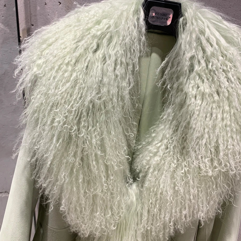 Sheep Fur Coat Long Women Autumn Genuine Sheepskin Coat Long with Mongfolian Fur Trim