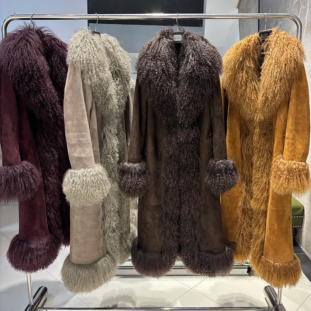 YOLOAgain Mongolia Sheep Fur Collar Real Leather Coat Women Suede Jacket 2025 Winter Outerwear