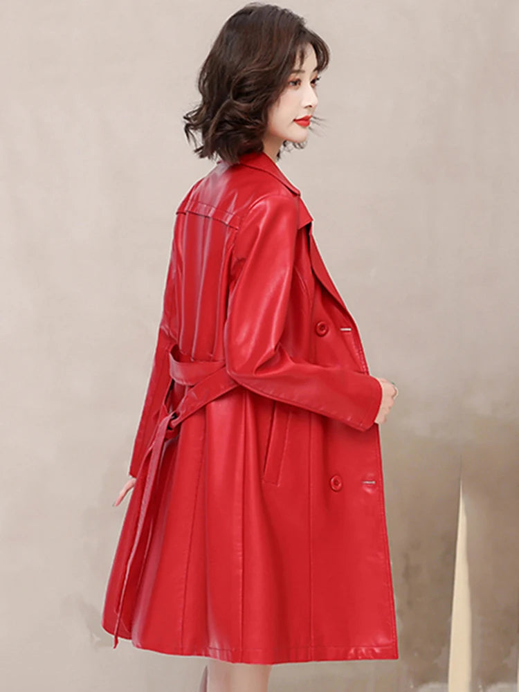 2026 Spring Autumn Sheep Leather Long Trench Coat Women Double Breasted Slim Trench Coat Female Outwear Fashion Windbreaker