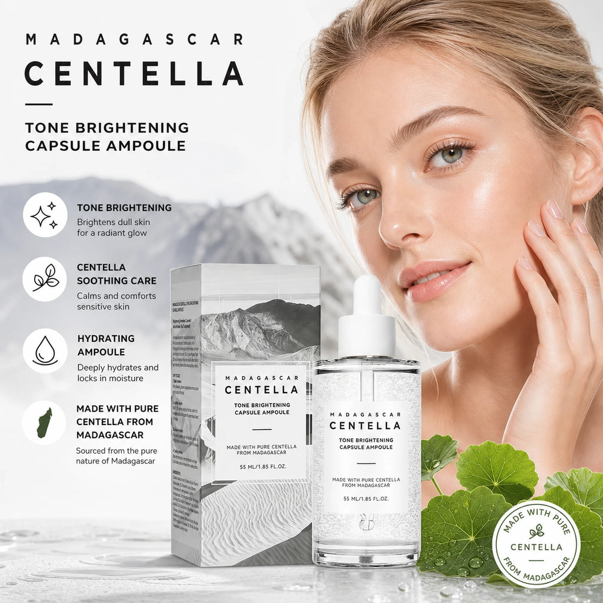 Madagascar Skin Tone Perfector Brightening Ampoule 55ml - Centella & Niacinamide Serum Hydrates, Soothes & Enhances Radiance.