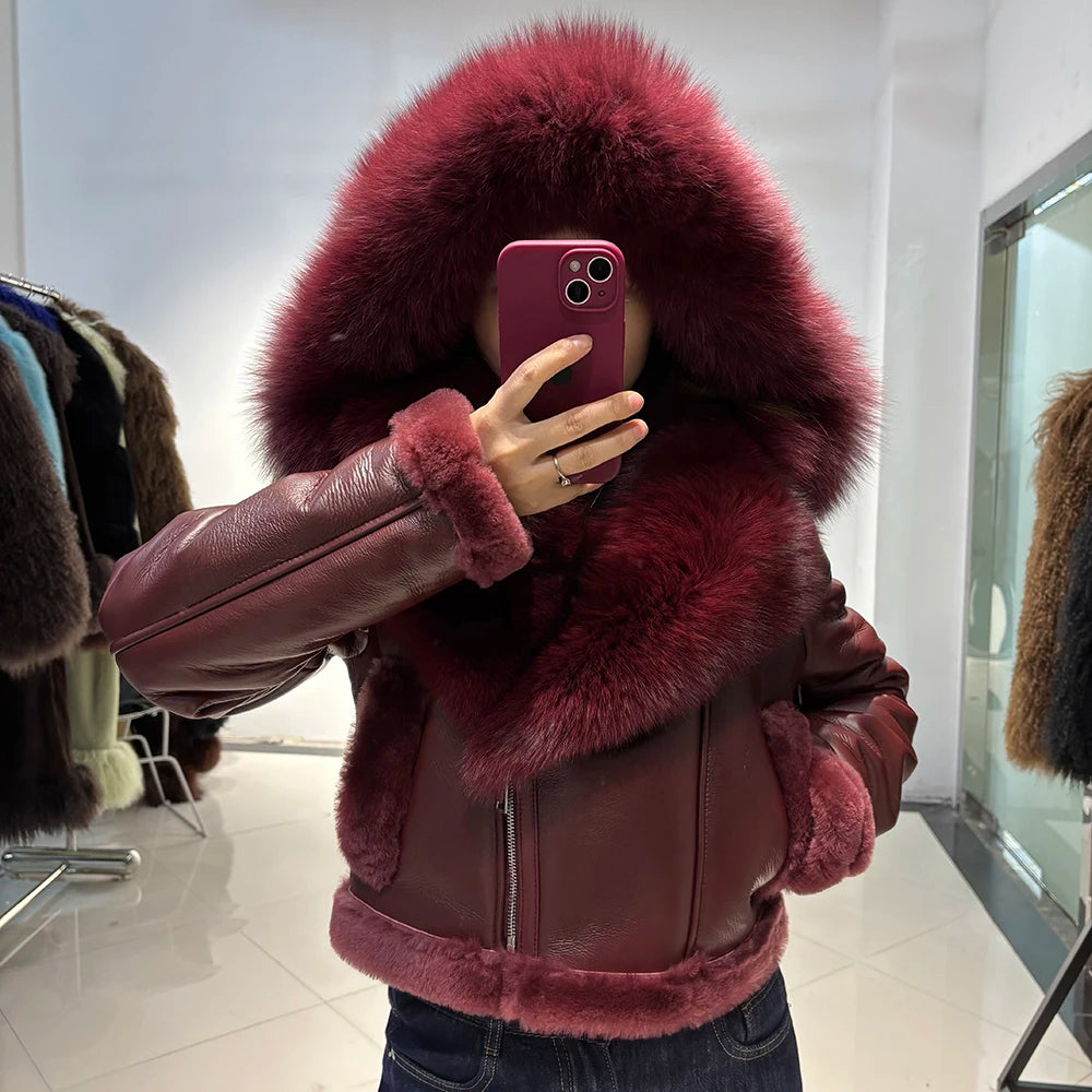 YOLOAgain Burgundy Shearling Jacket With Hood Women 2025 Winter Real Leather Jacket Coat