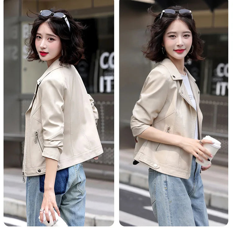 New Women Spring Autumn Leather Jacket Fashion Suit Collar Long Sleeve Motorcycle Jacket Casual Short Biker Coat Split Leather