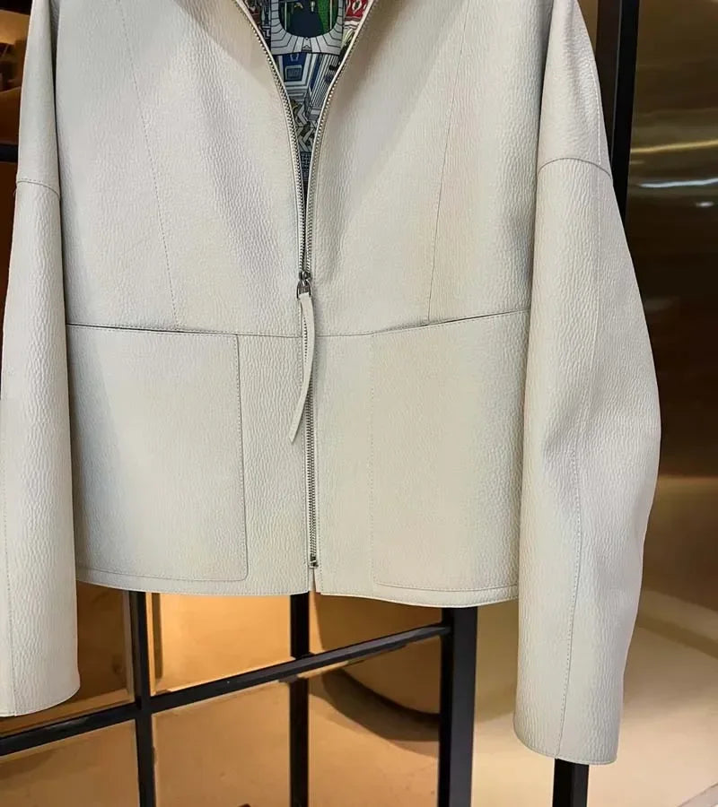 New Fashion 2026 Women Coat Spring Orange Import Real Sheepskin Jacket Floral Pattern Lining Short Length Big Pockets