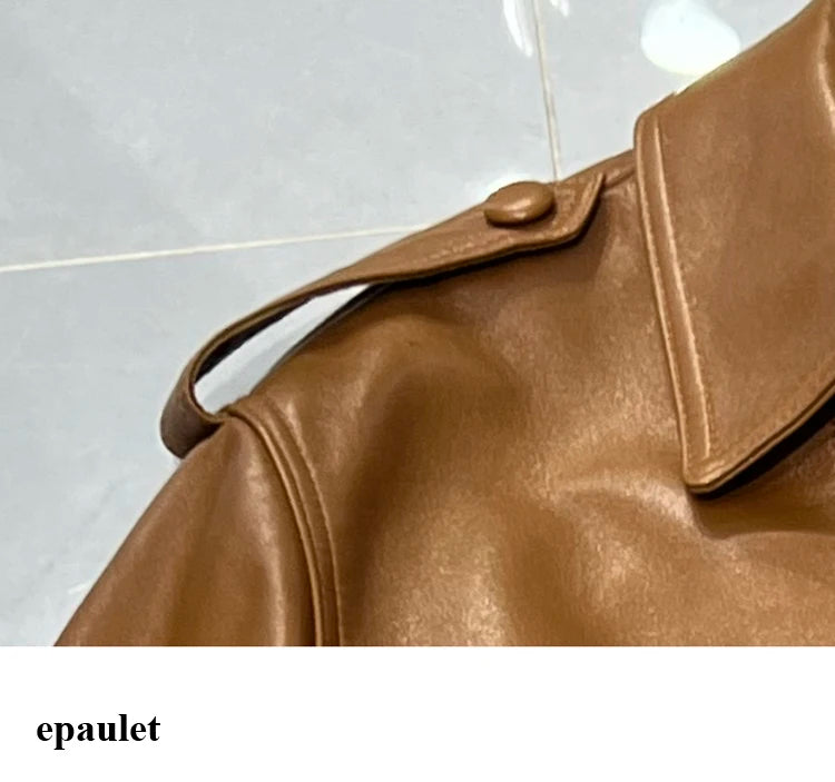 Winter Genuine Leather Outwears For Women High Quality Female Large Pocket Epaulet Belt Mid Long Jacket Female Warm Windbreaker