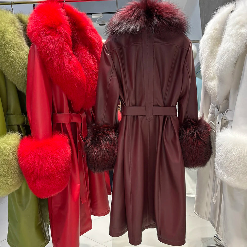 YOLOAgain Burgundy Real Fox Fur Collar Leather Trench Coat Women Genuine Leather Jacket Long Female