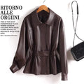 New Women Split Leather Jacket Spring Autumn Fashion Turn-down Collar Stretch Adjustable Waist Short Coat Casual Leather Jacket