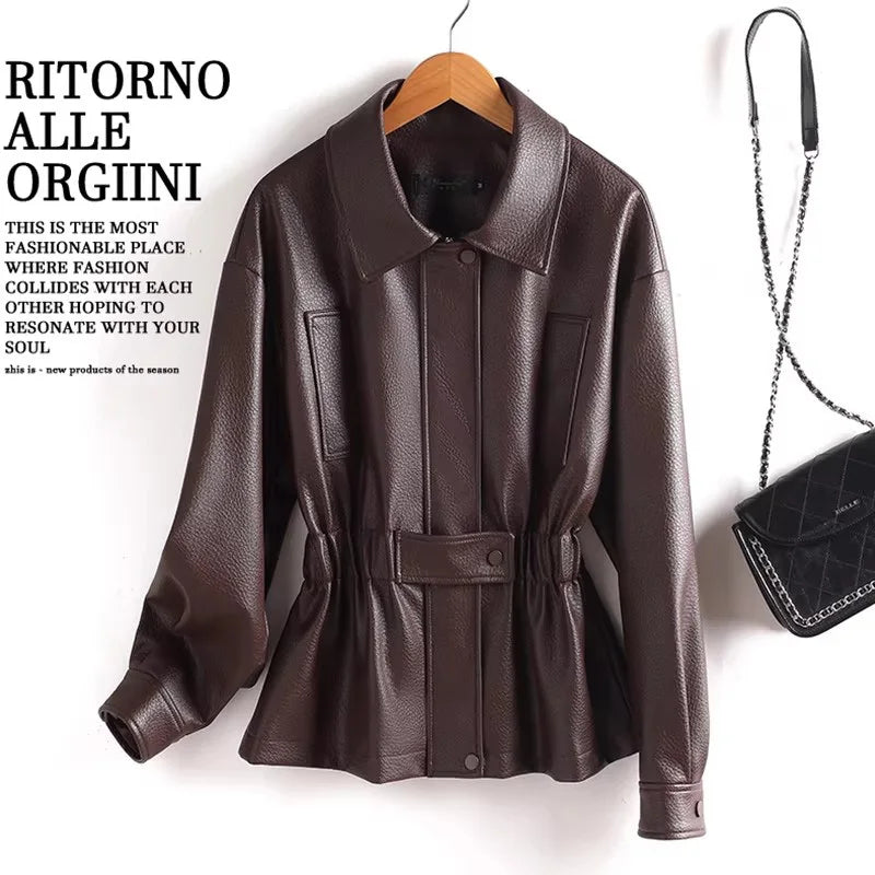New Women Split Leather Jacket Spring Autumn Fashion Turn-down Collar Stretch Adjustable Waist Short Coat Casual Leather Jacket