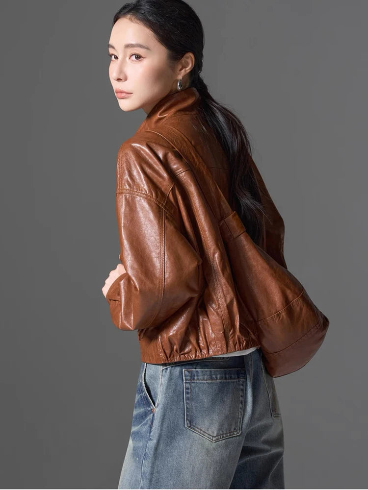 Women Spring Black Genuine Sheepskin Leather Short Jacket Coat Autumn Real Leather Jacket