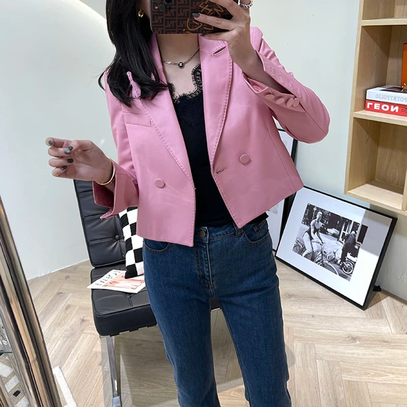 Suit Leather Jacket For Women 2025 Female 100% Sheepskin Lined Suit Collar Slim Short Quilted Coats Retro OL Sobretudo Feminino