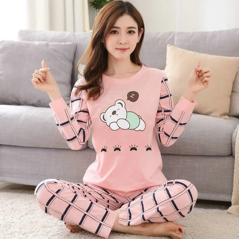 Autumn 2pieces Pyjamas Set Women Thin Sexy Sleepwear Lovely Home Suit 2025 Round Neck Girls Teacup SleepwearLong Sleeve Pajamas