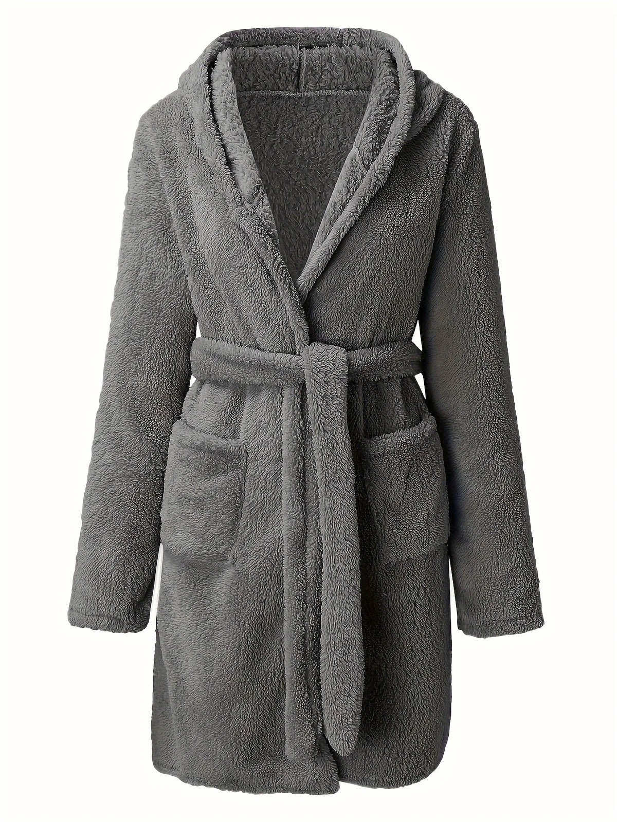 1 piece of women's solid color hooded robe with belt, cozy and warm fleece pajamas for home wear in autumn and winter.