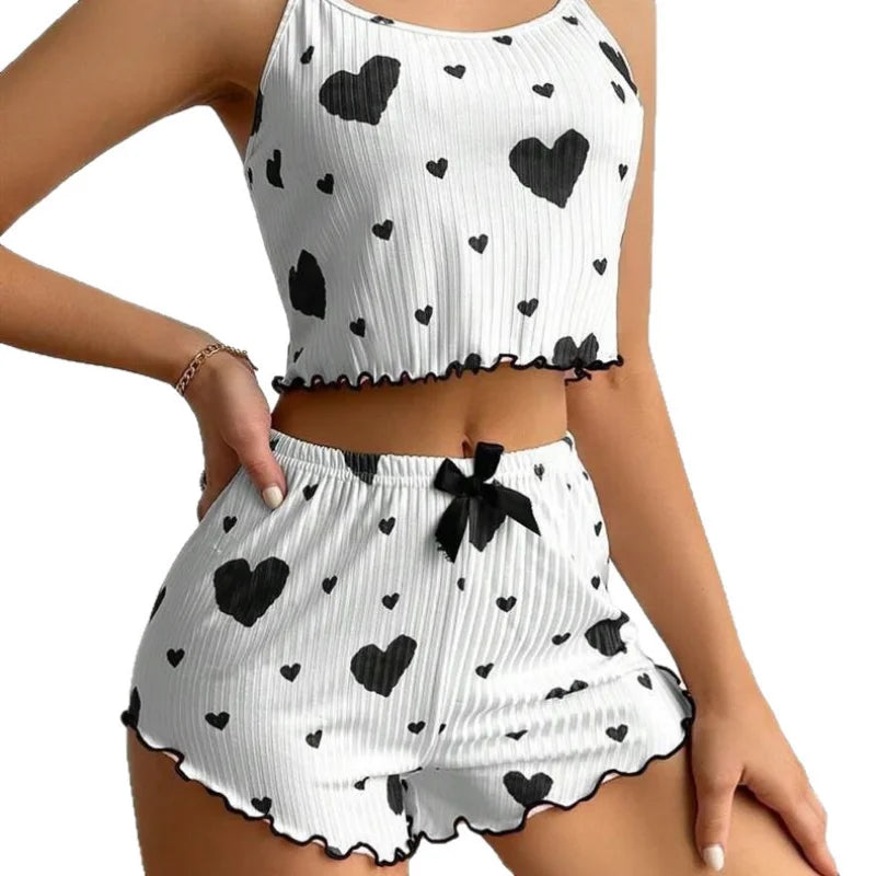 2pcs Women's Pajama Set Sexy Cute Kawaii Pajamas Women Suspenders Sun-Tops Loungewear Set Shorts Y2K Lolita Heart Silk Sleepwear