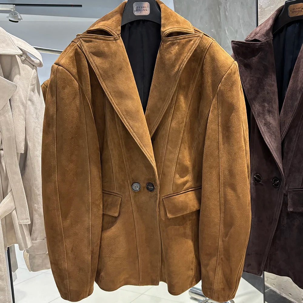 YOLOAgain Vintage Suede Blazer Jacket Women Double Breasted Lapel Dark Brown Genuine Sheepskin Leather Jacket Coat Female