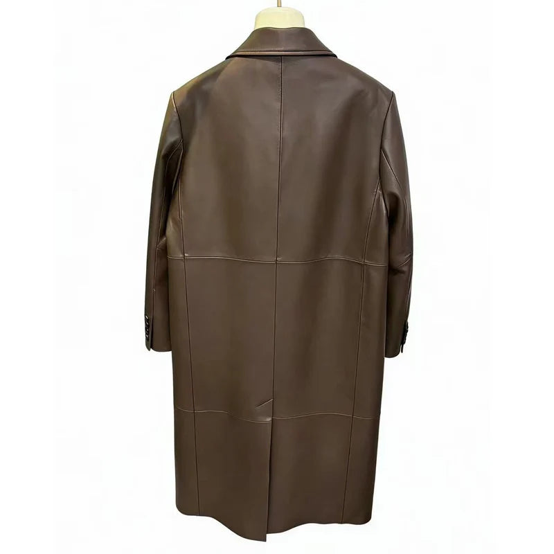 LUXURY Leather Outer Garment Women 2026 Suit Collar Double-Breasted Black Coffee Long Coat Women Streetwear Gabardina de Mujer