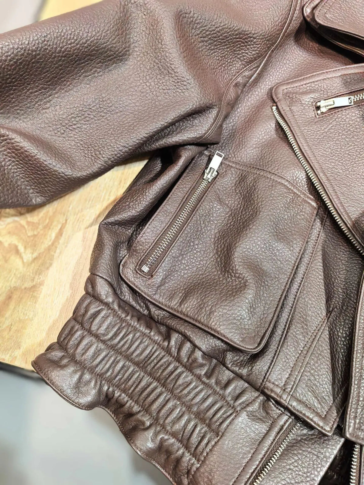 Leather Coat Autumn Winter Women Vintage Fashion Double Collar Lychee Pattern Sheepskin Bubble Leather Zipper Motorcycle Jacket