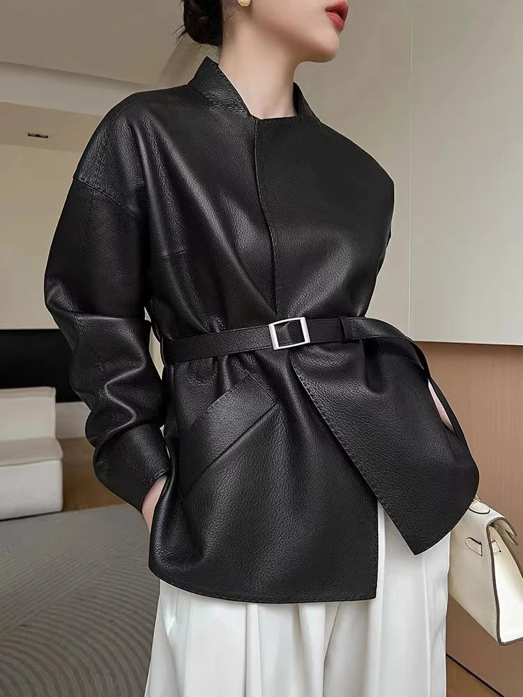 Japanese Style 2025 New Sheepskin Leather Coat for Women Elegant Square Neck Veins Skin Belt Short Jackets Coffee Jaqueta Couro