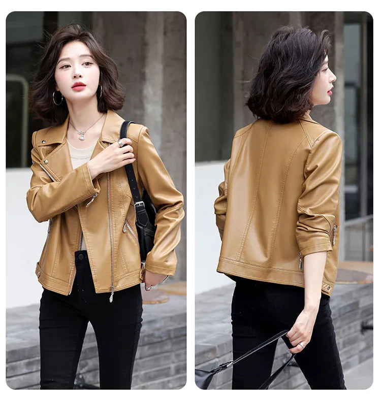 New Women Spring Autumn Leather Jacket Fashion Suit Collar Long Sleeve Motorcycle Jacket Casual Short Biker Coat Split Leather