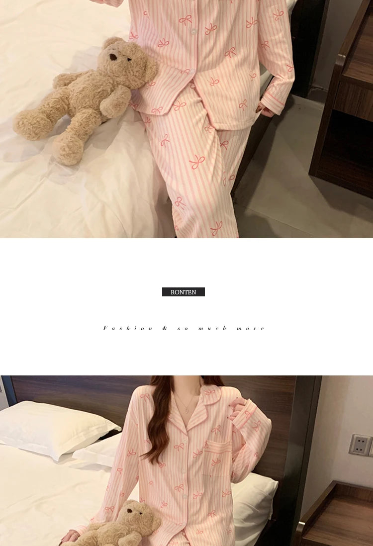Pink Bow Tie Design Pajamas for Women Long Sleeve Top & Elastic Waist Pants Pajamas Set Harajuku Style Casual New Home Wear