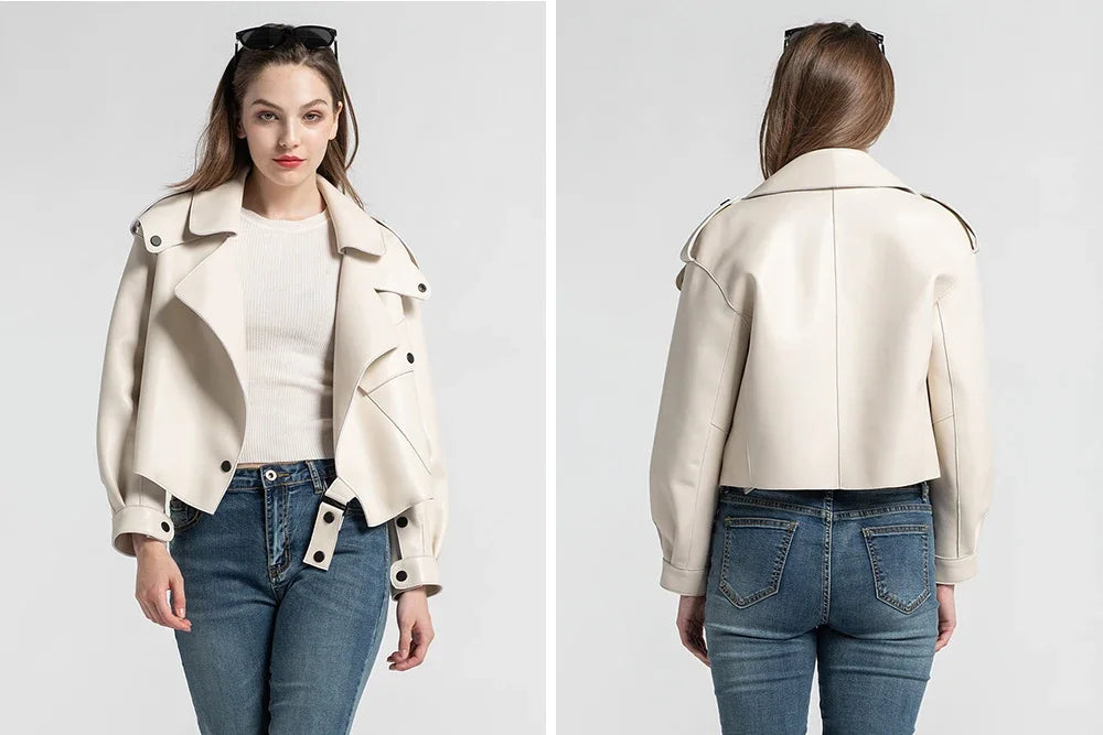 Sheepskin Coat For Women Leather Jacket Winter Spring Moto Biker Genuine Top Quality Black S7547
