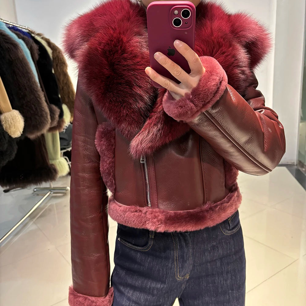 YOLOAgain Burgundy Shearling Jacket With Hood Women 2025 Winter Real Leather Jacket Coat