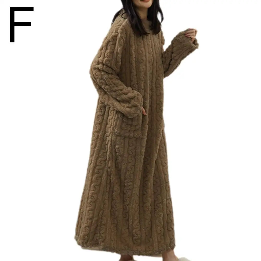 Coral Velvet Women's Nightgown Autumn And Winter Long Sleeve Double Pocket Flannel Nightgowns Women Loose Solid Sleepwear