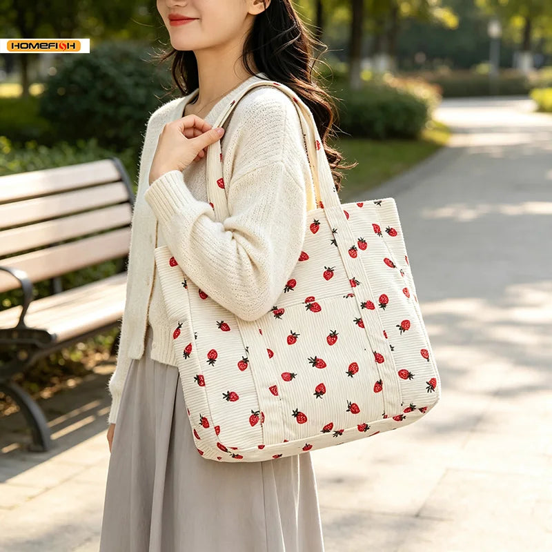HOMEFISH Corduroy Strawberry Handbag Large Capacity Women Tote Bag Versatile Shoulder Commuter Beach Bag