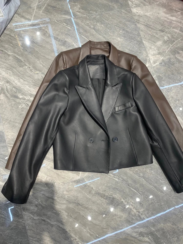 Suit Leather Jacket For Women 2025 Female 100% Sheepskin Lined Suit Collar Slim Short Quilted Coats Retro OL Sobretudo Feminino