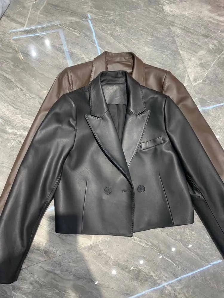 Suit Leather Jacket For Women 2025 Female 100% Sheepskin Lined Suit Collar Slim Short Quilted Coats Retro OL Sobretudo Feminino