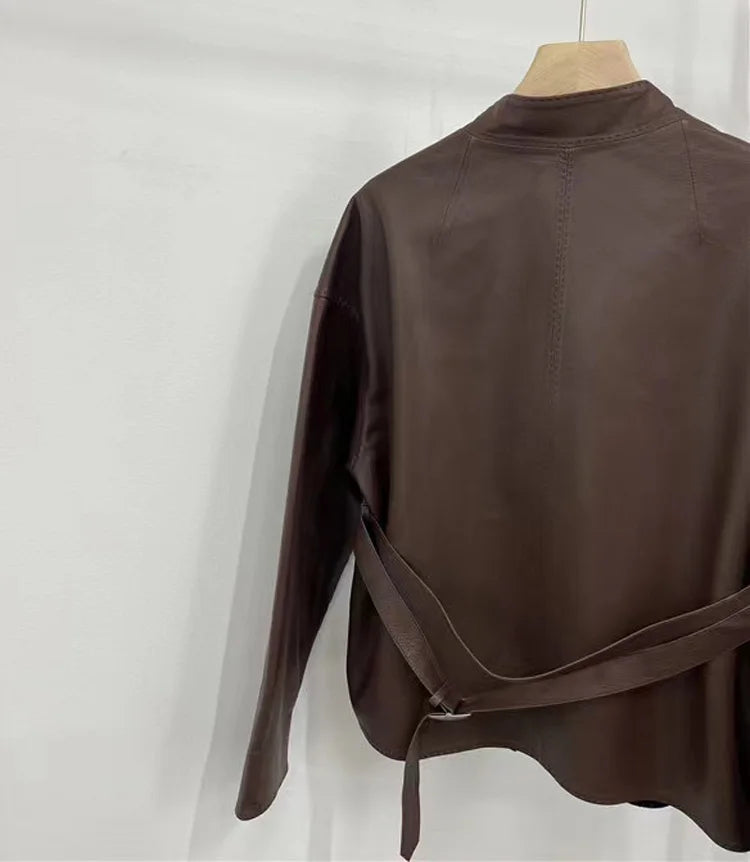 Japanese Style 2025 New Sheepskin Leather Coat for Women Elegant Square Neck Veins Skin Belt Short Jackets Coffee Jaqueta Couro