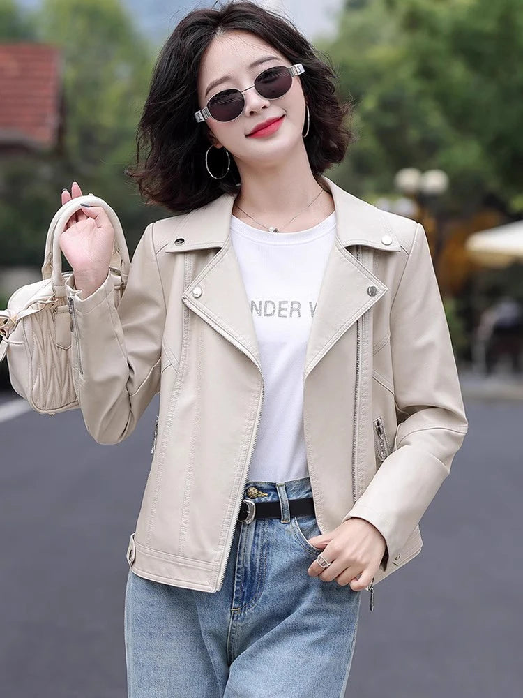 New Women Spring Autumn Leather Jacket Fashion Suit Collar Long Sleeve Motorcycle Jacket Casual Short Biker Coat Split Leather