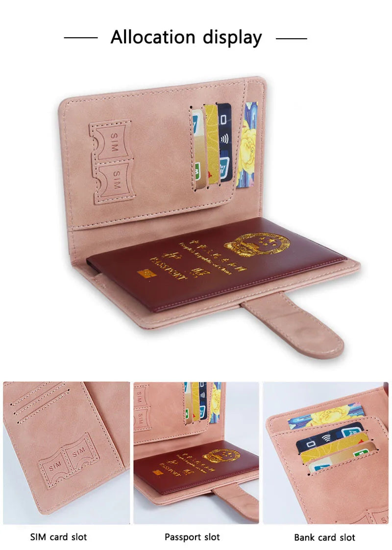 RFID Blocking Waterproof Leather Passport Holder Travel Credit Card Wallet Passport Book for Women Men Buckle Passport Cover