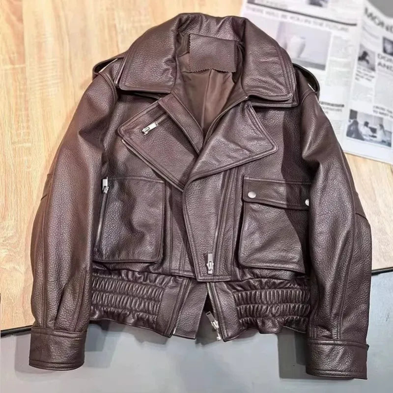 Punk Women Vintage Genuine Leather Jacket Lapel Streetwear Motorcycle Short Coat Loose Fit High Quality Real Sheepskin Outerwear