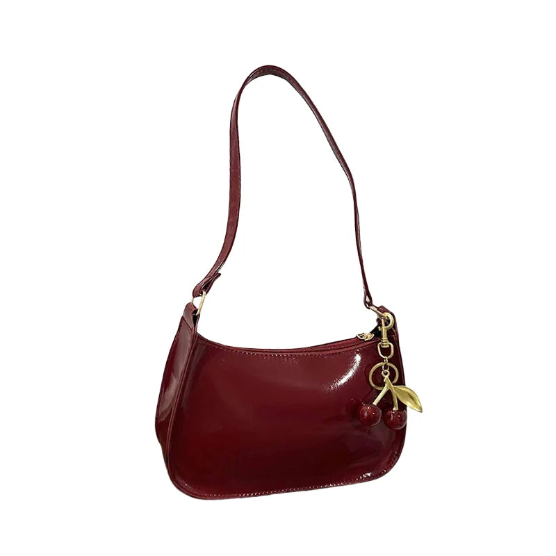 Women's PU Leather Handbag Versatile Fashion Solid Color Cherry Pendant Shoulder Bag Casual Commuting Bag Underarm Bag