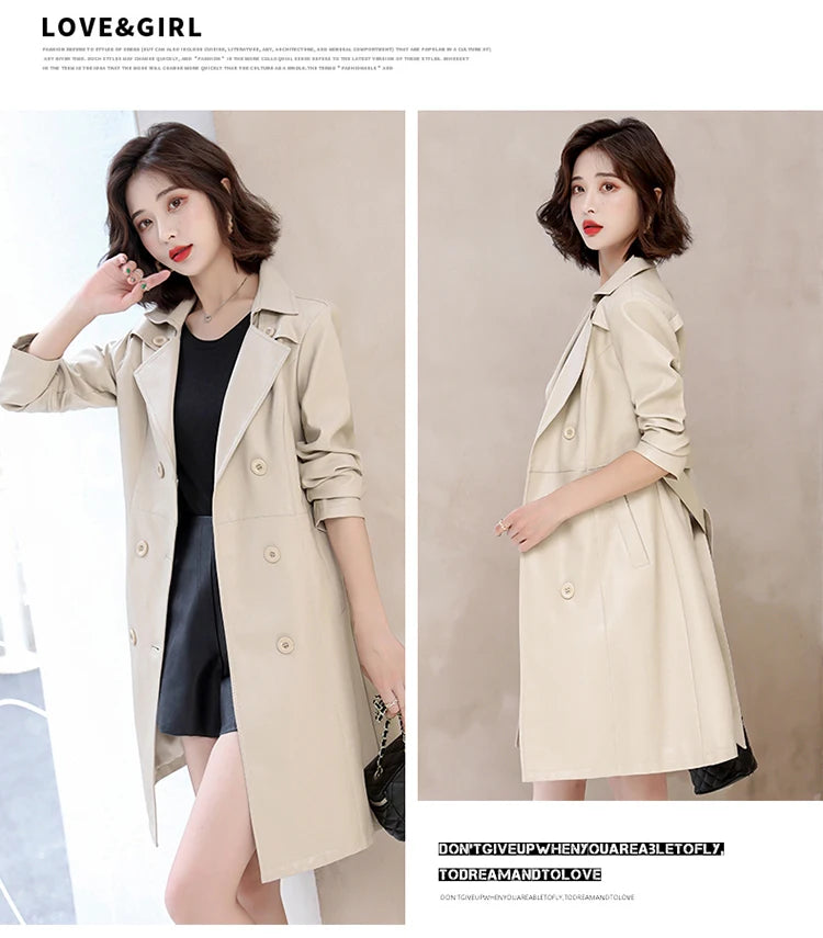 2026 Spring Autumn Sheep Leather Long Trench Coat Women Double Breasted Slim Trench Coat Female Outwear Fashion Windbreaker