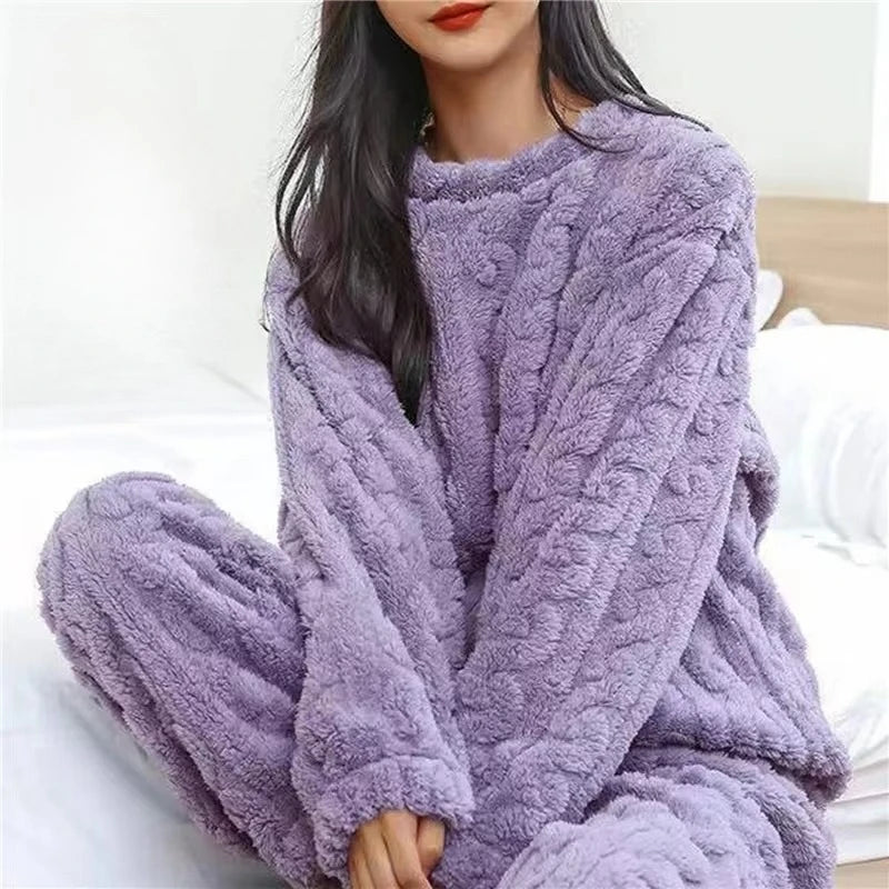 Autumn Ladies Plush Fluffy Cozy Tracksuit Relax Loose Home Loungewear Suit For Weekend Rest Xmas Eve Casual Household Wear
