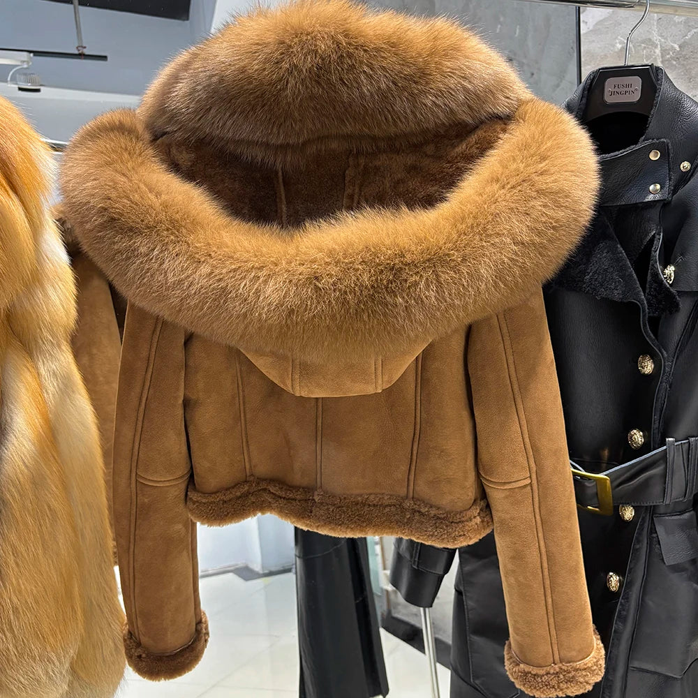 YOLOAgain Burgundy Shearling Jacket With Hood Women 2025 Winter Real Leather Jacket Coat