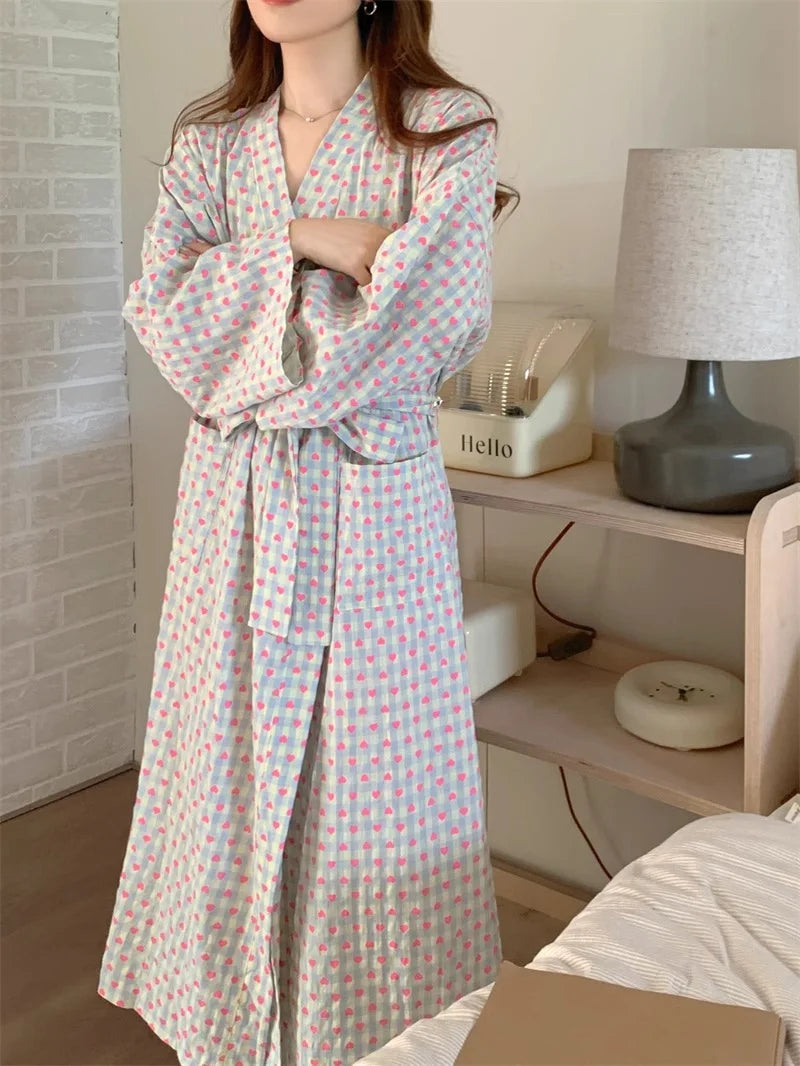 CHUANGERM Women Sweet Plaid Long Sleeve V‑Neck Lace Up Loose Medium‑Long Robe Comfortable Sexy Home Wear Loungewear