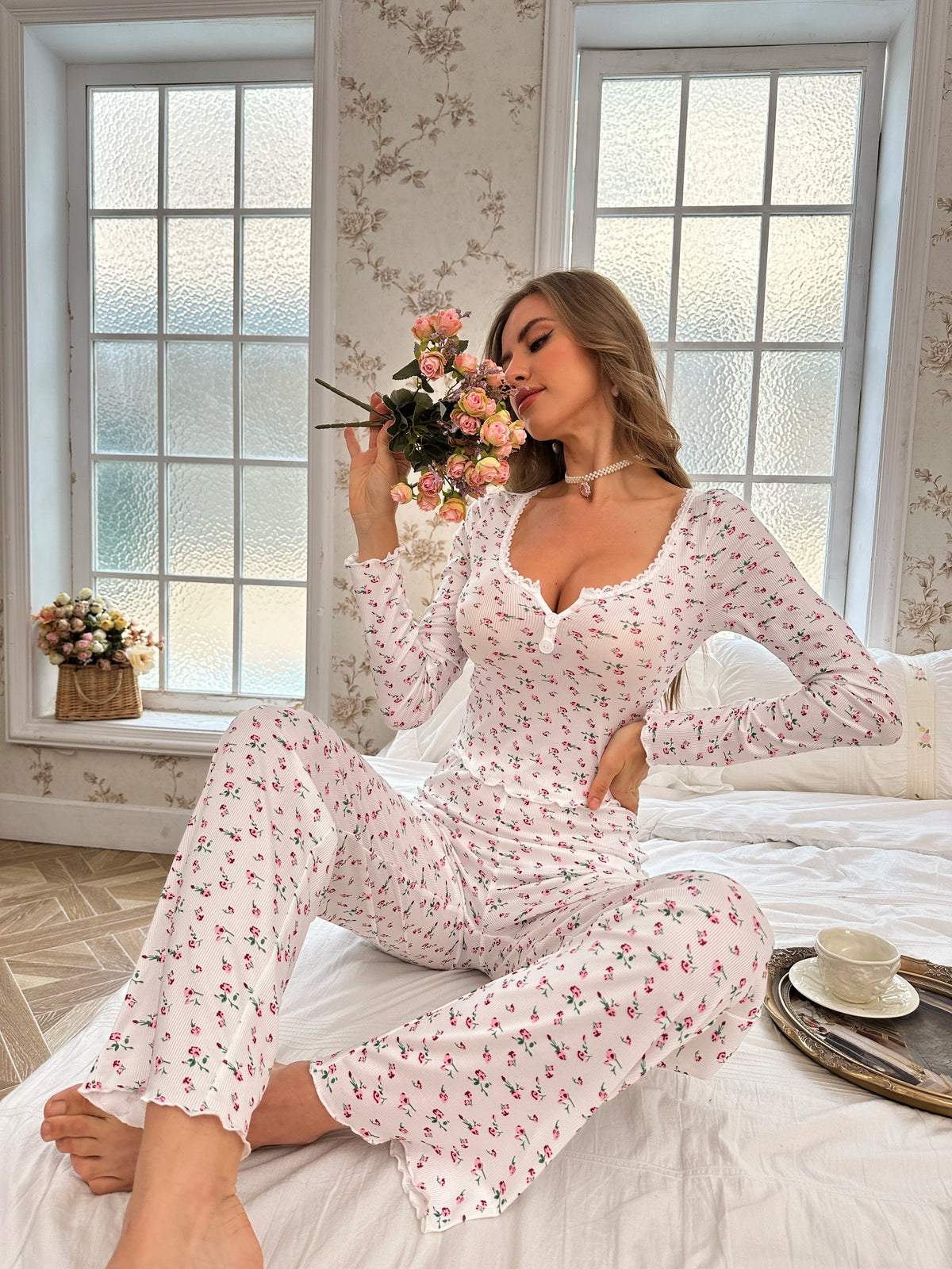 Sleepwear Suit Cute Bowknot Print  Lettuce Trim Top with Long Pant Lovely Loungewear Full Sleeve Nightwear Autumn Pajamas Set