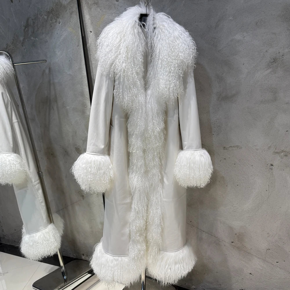 Sheep Fur Coat Long Women Autumn Genuine Sheepskin Coat Long with Mongfolian Fur Trim