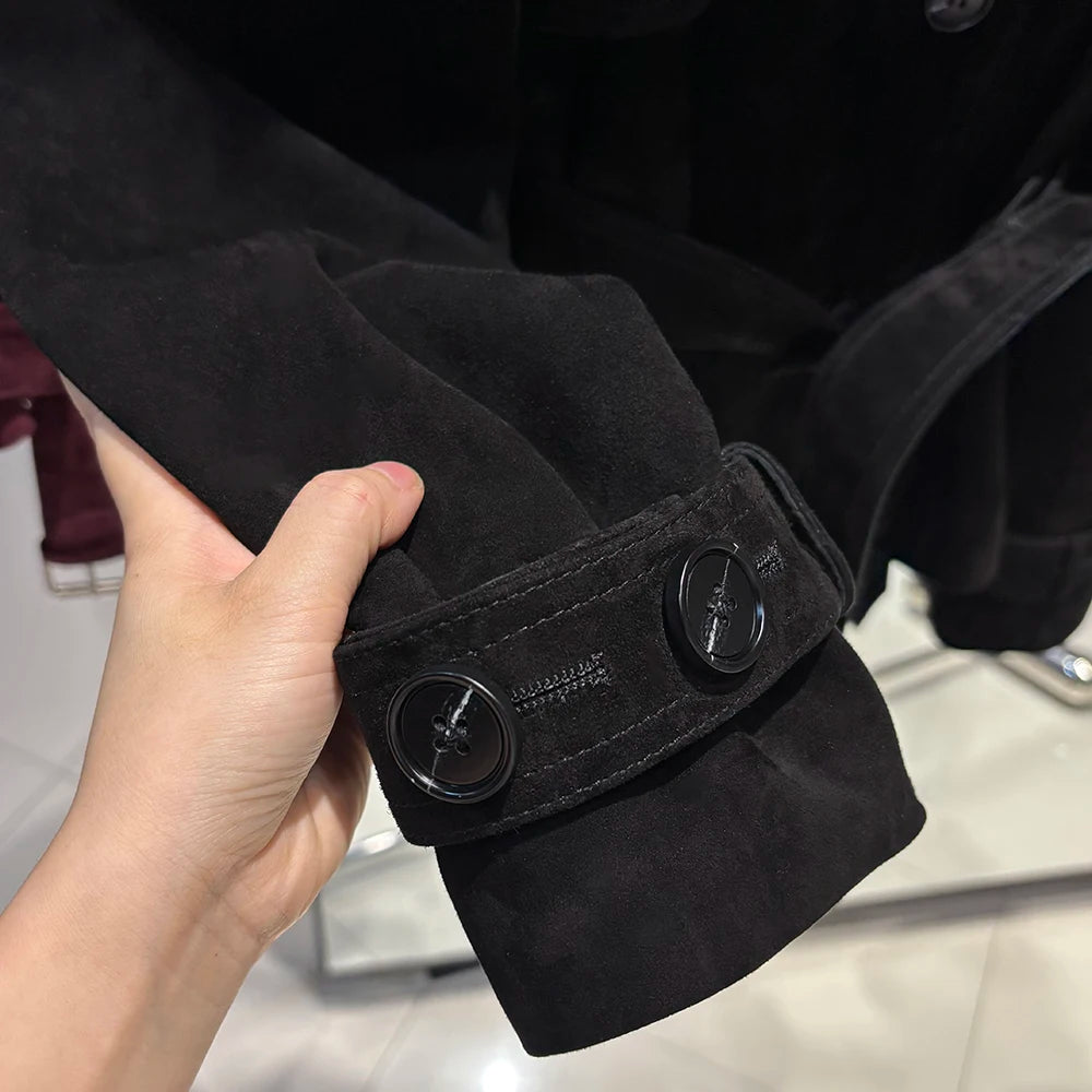 YOLOAgain High Quality Suede Leather Jacket Women With Belt Double Breasted Croc Pattern Jacket Female